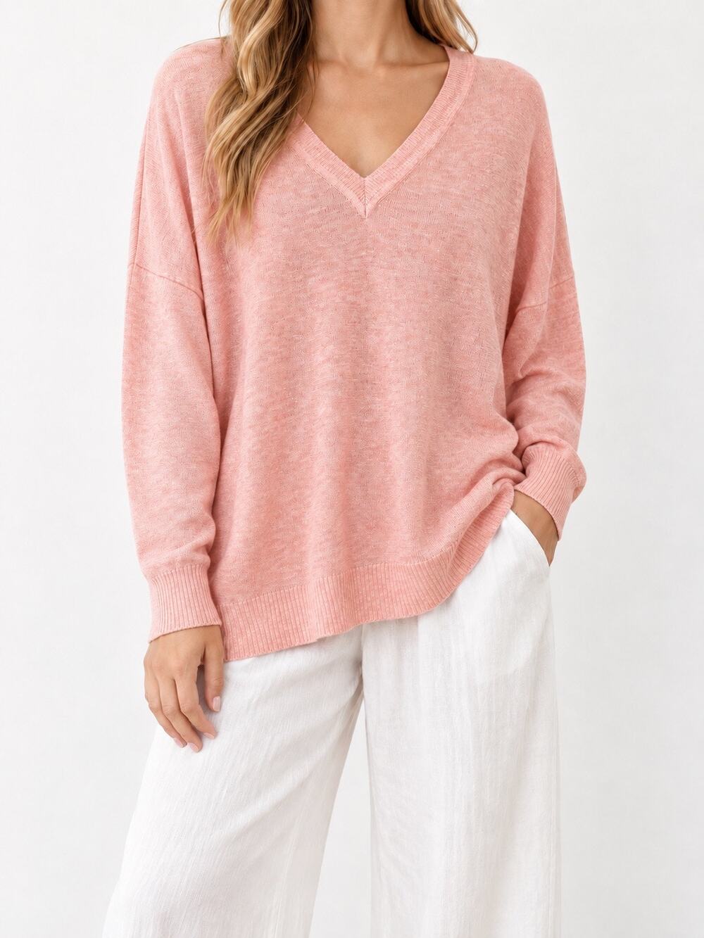 EILEEN FISHER Pink Organic Linen V-Neck Oversized Sweater Large Lightweight